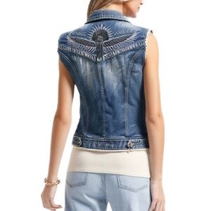 Guess Destroyed denim Biker Vest with Embroidered Eagle Size Medium